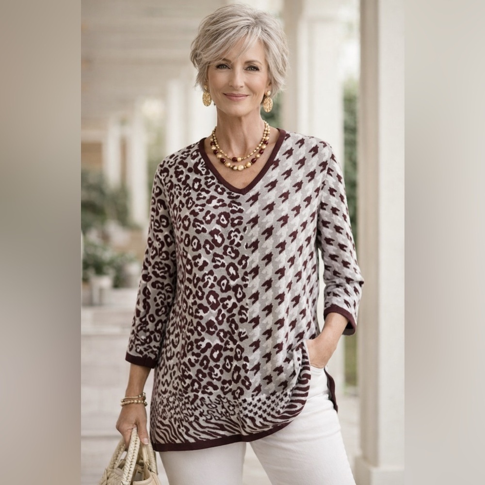 Chicos Womens Tunic Sweater Sz 2 12 14 Large Brown Animal Print Houndstooth